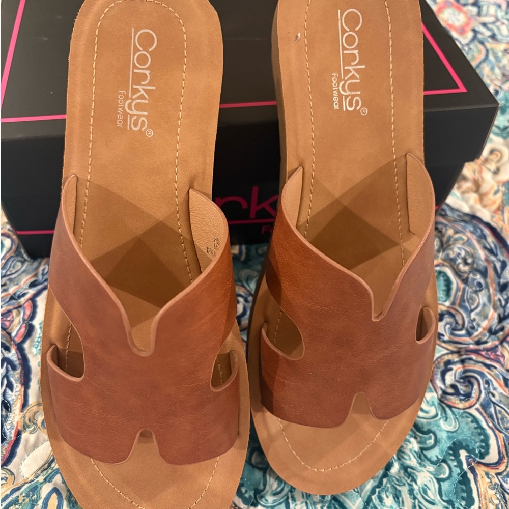 Corkys Brown-Tan Cutout Slide Mules